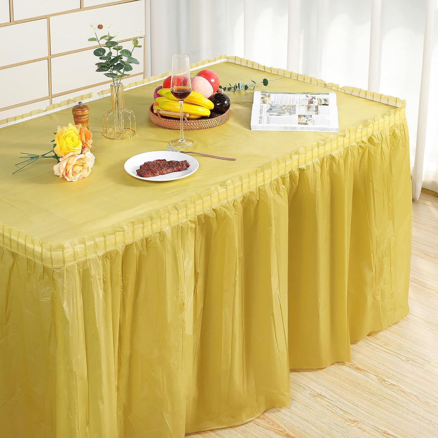frtzal 5 Pack Plastic Table Skirts for Rectangle Tables with 5 Pack Table Cloths, 14 Ft Blue Tableskirts and 54" x 108" Tablecloths, Disposable Tablecloth Skirt Table Covers for Party Birthday (Gold)