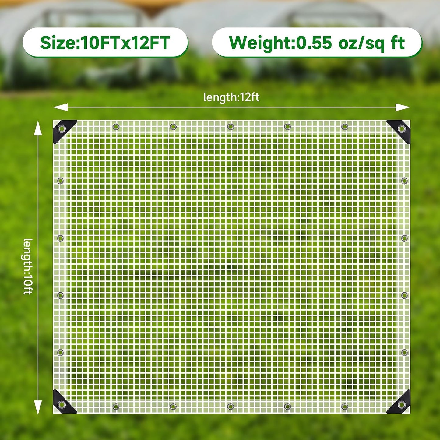 Clear Greenhouse Plastic Covering, 16Mil Thickness Heavy Duty Clear tarp for Chicken coop, Greenhouse Plastic sheeting with Hemmed Edges & preinstalled Grommets (white, 10x12ft)