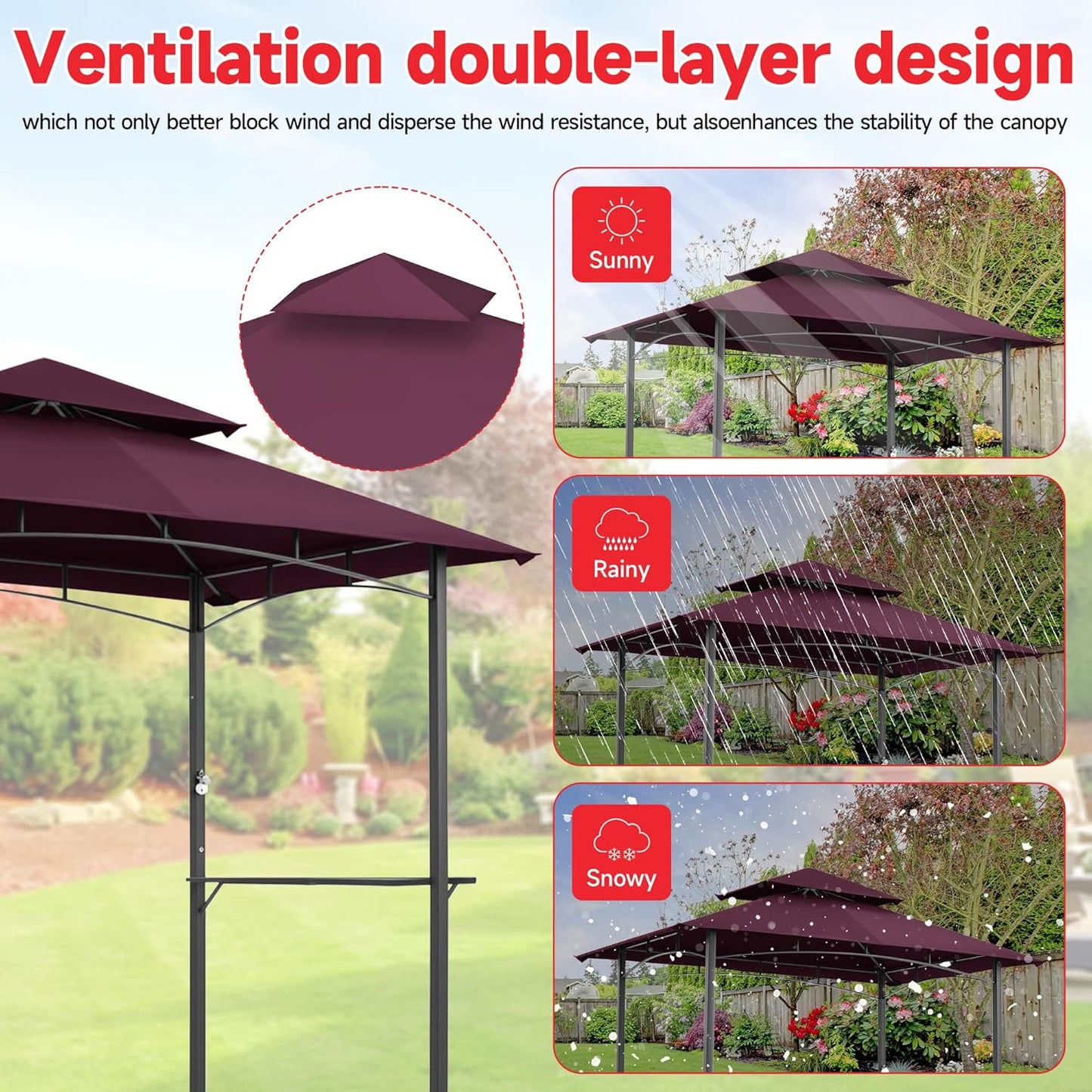 Grill Gazebo Replacement Canopy Top Only - 5' x 8' Outdoor BBQ Gazebo Canopy Roof, Waterproof Double Tiered Shelter Cover Fit for L-GG001PST-F (5 * 8FT-Claret)