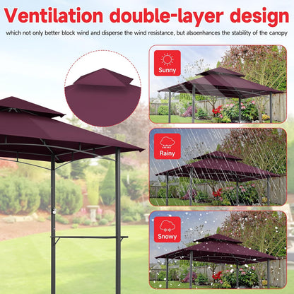 Gazebo Canopy Replacement Top - Grill Gazebo Replacement Canopy Roof – 5x8 Outdoor Grill Shelter Canopy Top Double Tiered BBQ Tent Cover (Claret)