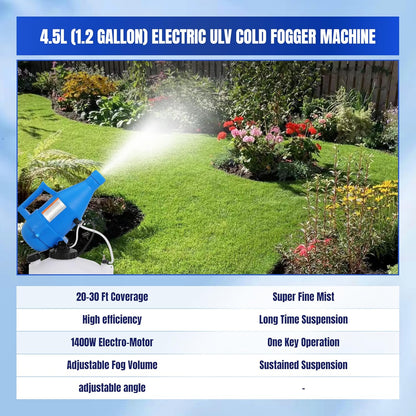 4.5L Electric ULV Fogger Sprayer 1.2 Gallon Portable Cold Mist Machine Spraying 30ft Spray Distance for Home, Yard, Garden, Patio, and Large Indoor Outdoor Spaces, 1 Pack