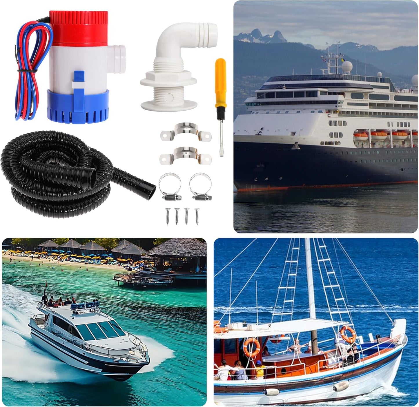 Boat Bilge Plumbing Kit 1-1/8 Inch Dia 12V Non-automatic Bilge Pump kit 1100 GPH with 6FT PVC Bilge Pump Hose (90 Degree Elbow)