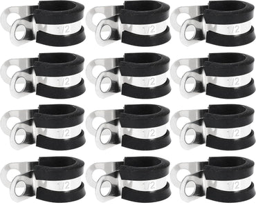 12 PCS Stainless Steel Cable Clamp Assortment Kit Rubber Coated Cushioned Insulated Metal Cable Clamp for Tube, Pipe or Wire Cord Installation(12, 1/2 Inch)