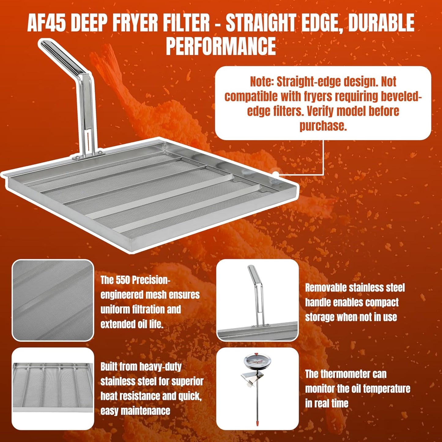 Commercial Deep Fryer Oil Filter Screen Strainer Replace AF45 with Food Thermometer 550 Micron Stainless Steel Filter 13.75" x 13.75" Extends Oil Life 40% for Commercial Restaurant Kitchens