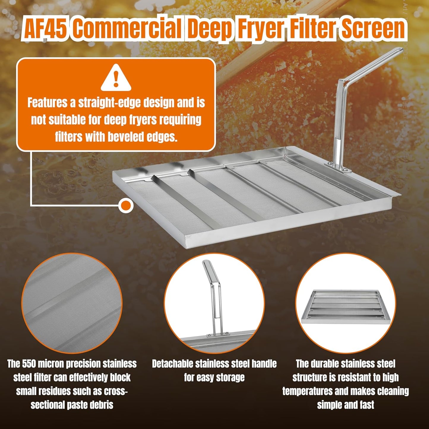 AF45 Commercial Deep Fryer Filter Screen Strainer 550 Micron Oil Filter for Commercial Restaurant Kitchens Stainless Steel 13.75x13.75” Extends Oil Life 40% by Capturing Debris Grease