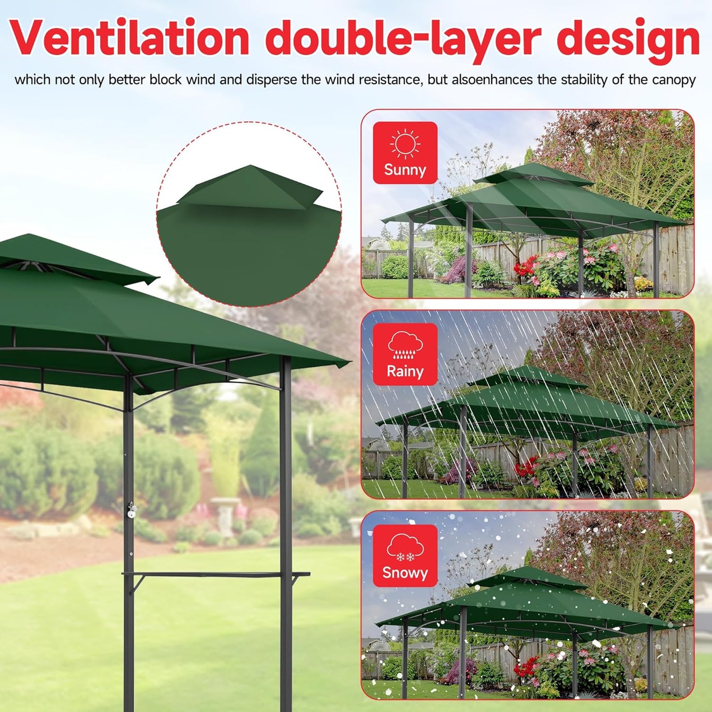 Gazebo Canopy Replacement Top - Grill Gazebo Replacement Canopy Roof – 5x8 Outdoor Grill Shelter Canopy Top Double Tiered BBQ Tent Cover (Green)
