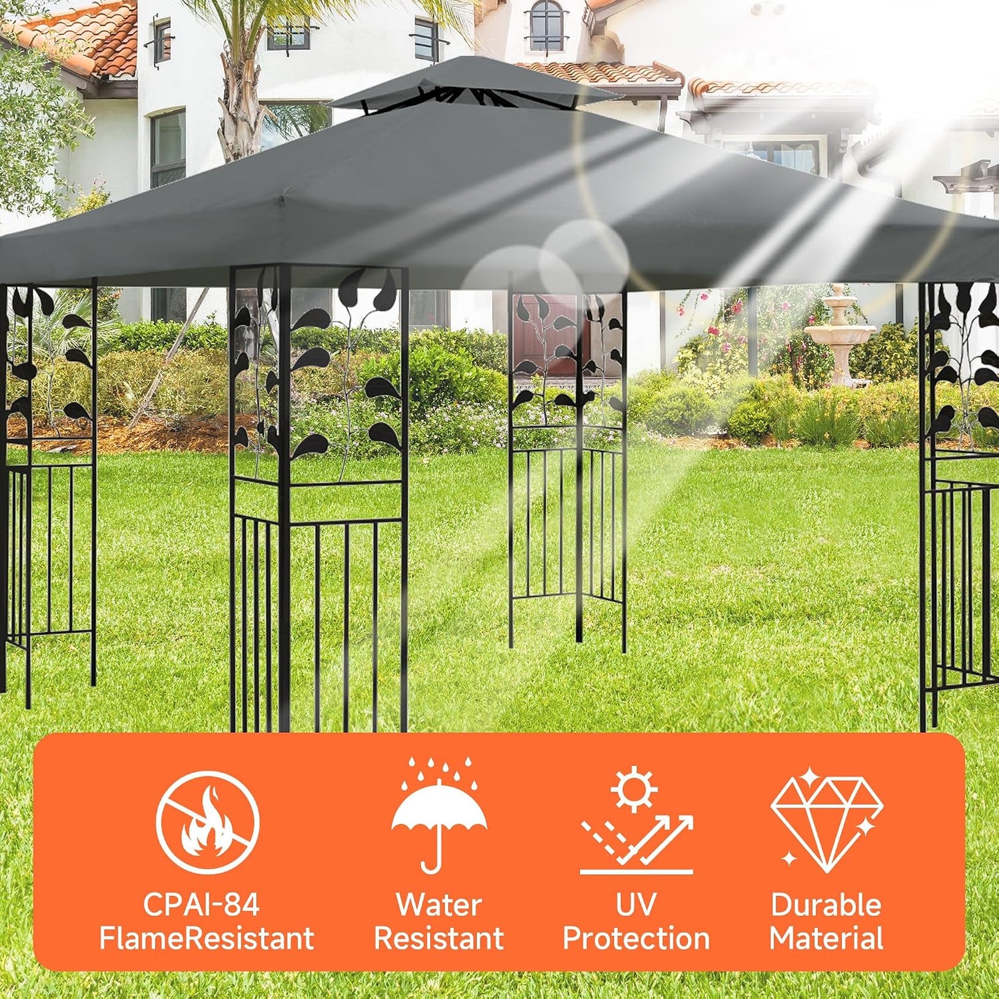 Gazebo Canopy Replacement - Grill Gazebo Roof -Canopy Replacement Top Double Tiered Cover, 10x10 FT (Gray)