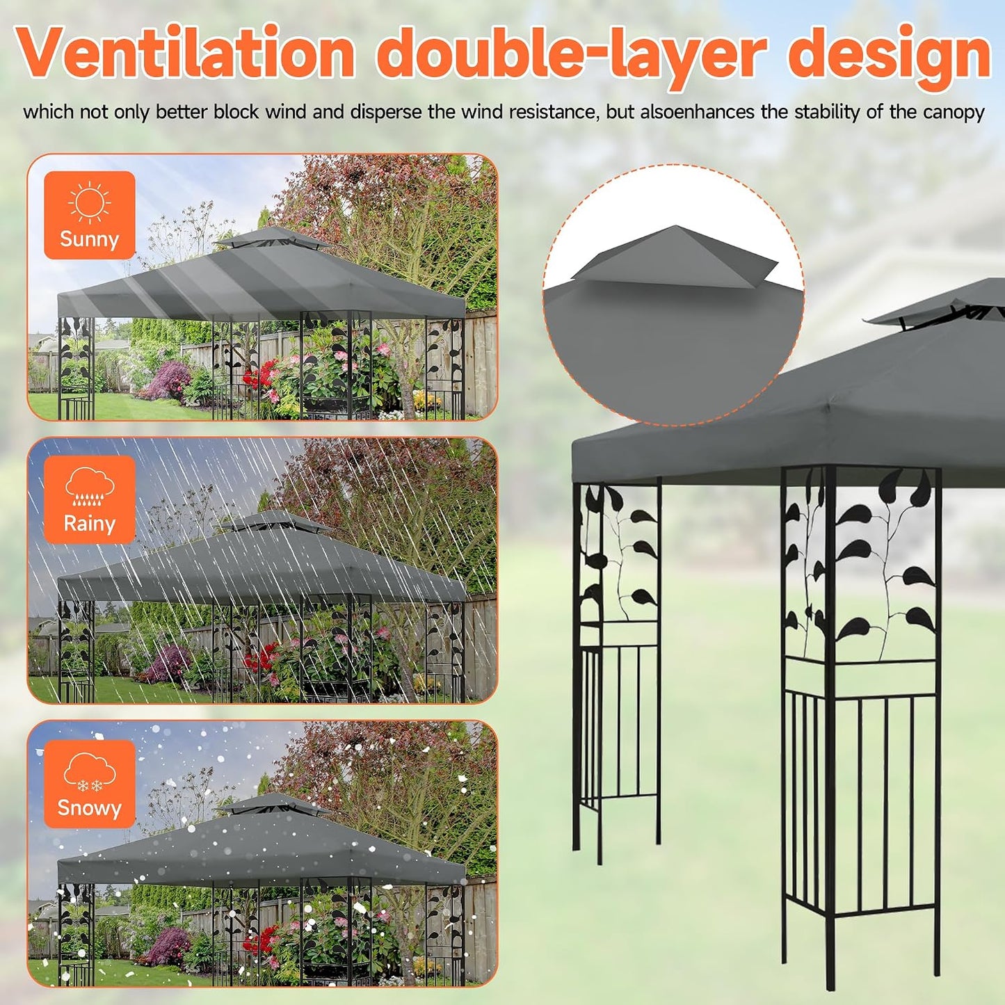 Gazebo Canopy Replacement Top - Grill Gazebo Replacement Canopy Roof – 5x8 Outdoor Grill Shelter Canopy Top Double Tiered BBQ Tent Cover (Gray)