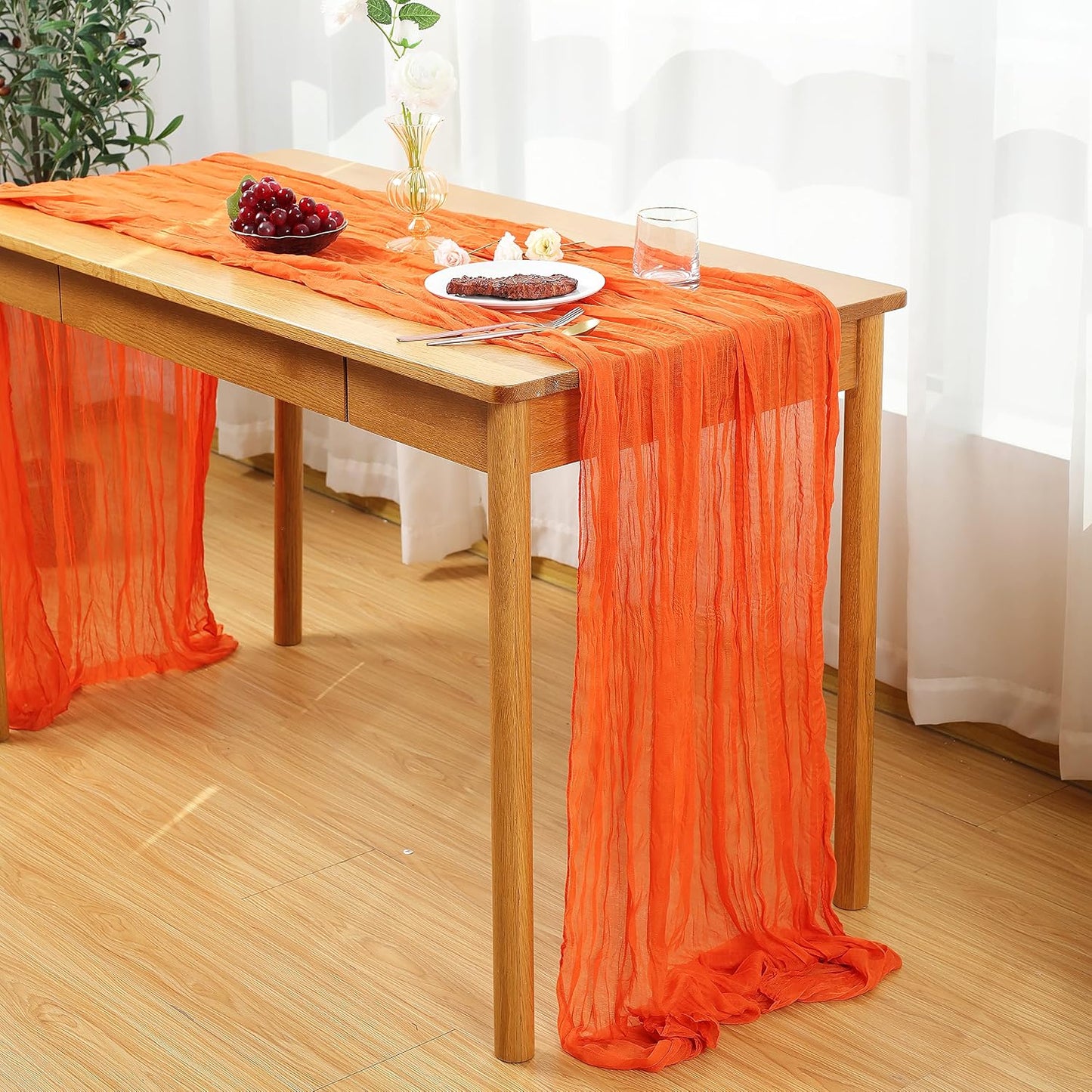 Orange Cheesecloth Table Runner 13.3ft Boho Gauze Cheese Cloth Table Runner Sheer Runner 120 inch Long for Wedding Bridal Baby Shower Birthday Party Cake Table Decorations (Orange)