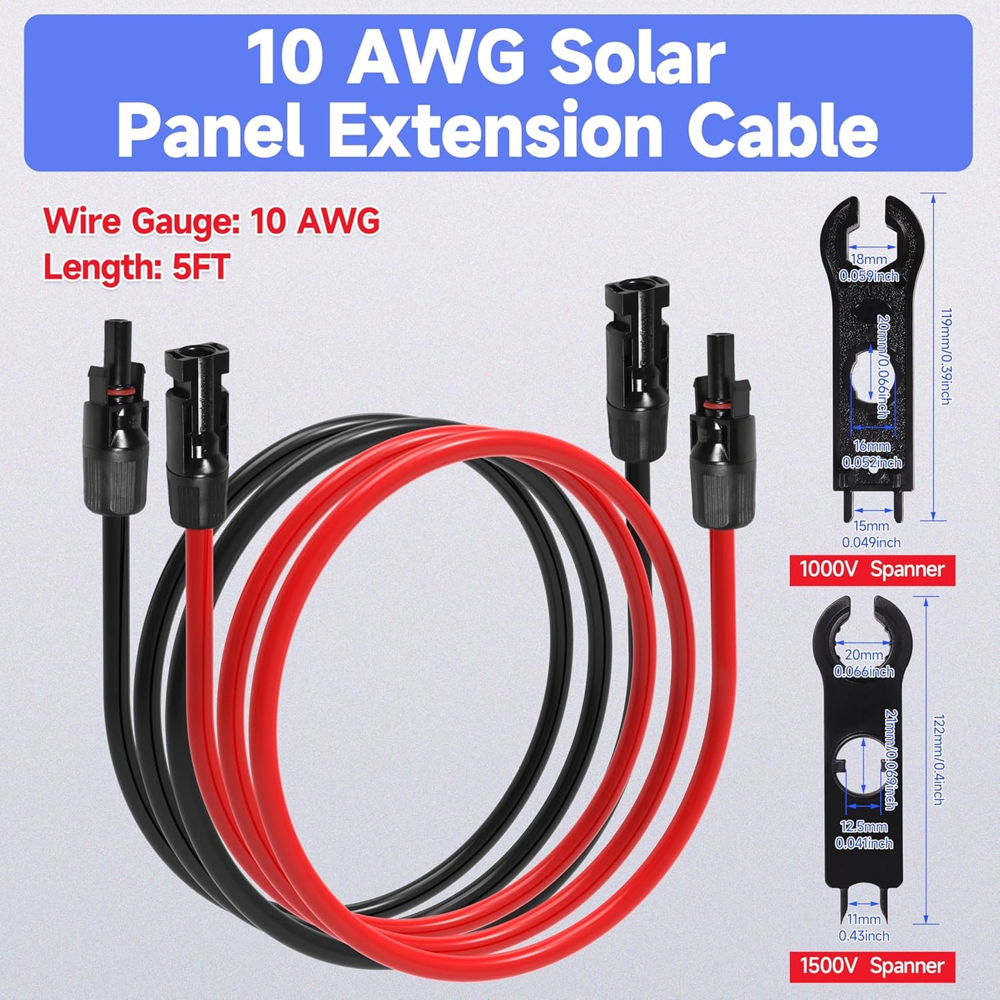 5FT 10 AWG Solar Panel Extension Cable, 10AWG Solar Extension Cables, Solar PV Cable 10 Gauge PV Wire 5 FT 5 Feet Male to Female Solar Panel Wires with Solar Spanner Wrenches and Dust Caps