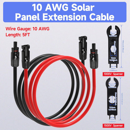 5FT 10 AWG Solar Panel Extension Cable, 10AWG Solar Extension Cables, Solar PV Cable 10 Gauge PV Wire 5 FT 5 Feet Male to Female Solar Panel Wires with Solar Spanner Wrenches and Dust Caps