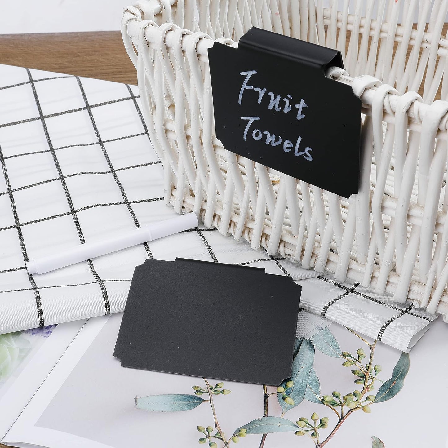 Basket Bin Labels, 32PCSLabel Clip on Removable Basket Kitchen Pantry with White Chalk Markers for Storage Bin Basket Box Hanging Bin Clip Label