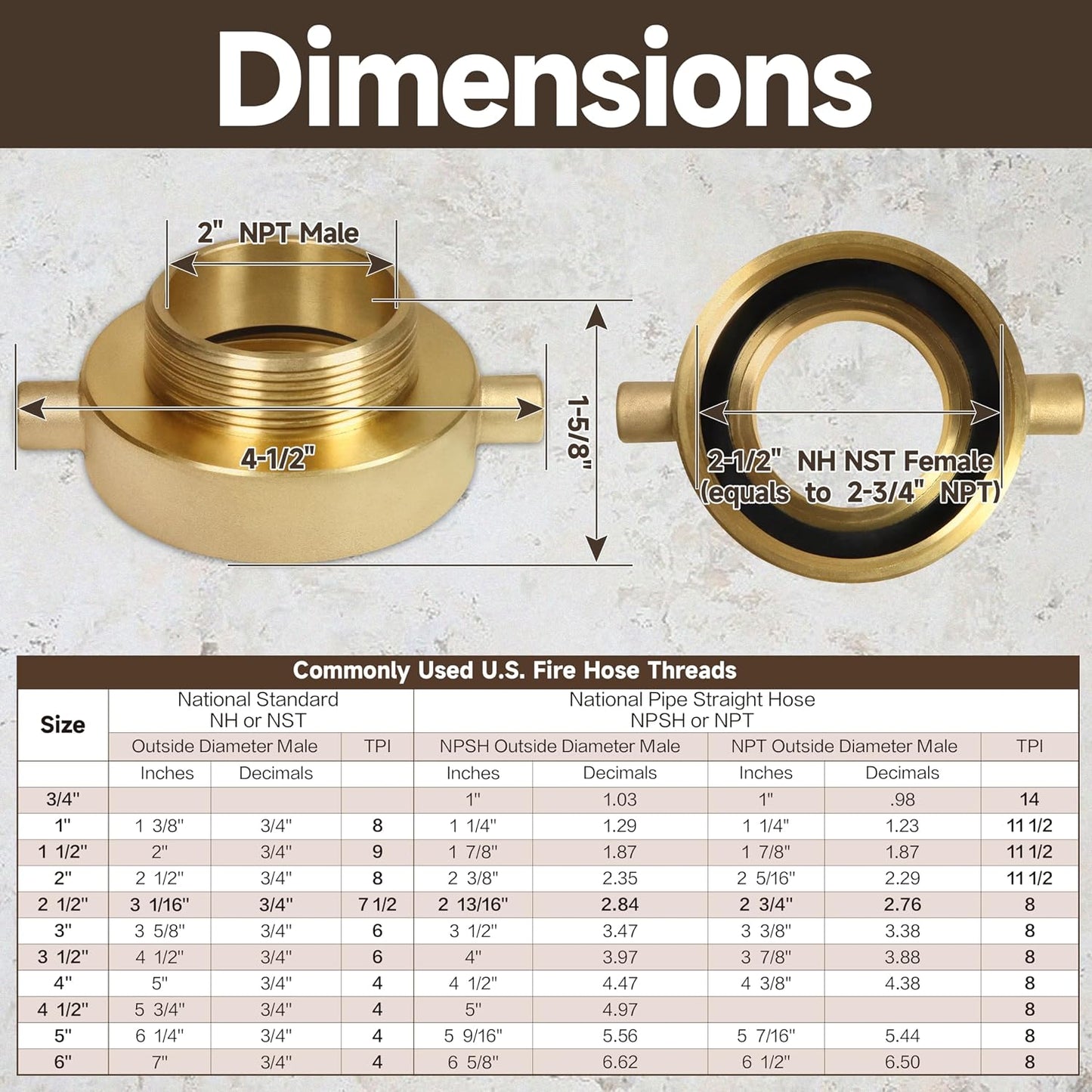 2-1/2" NH NST Female x 2" NPT Male Fire Adapter, Brass Fire Equipment for Hose or Hydrant with Pin Lugs, 2 PCS