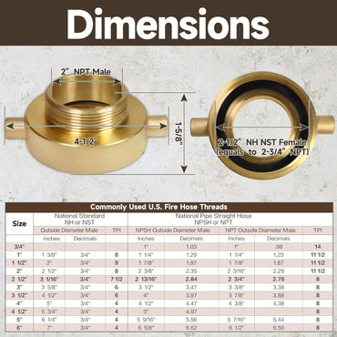 2-1/2" NH NST Female x 2" NPT Male Fire Adapter, Brass Fire Equipment for Hose or Hydrant with Pin Lugs, 2 PCS