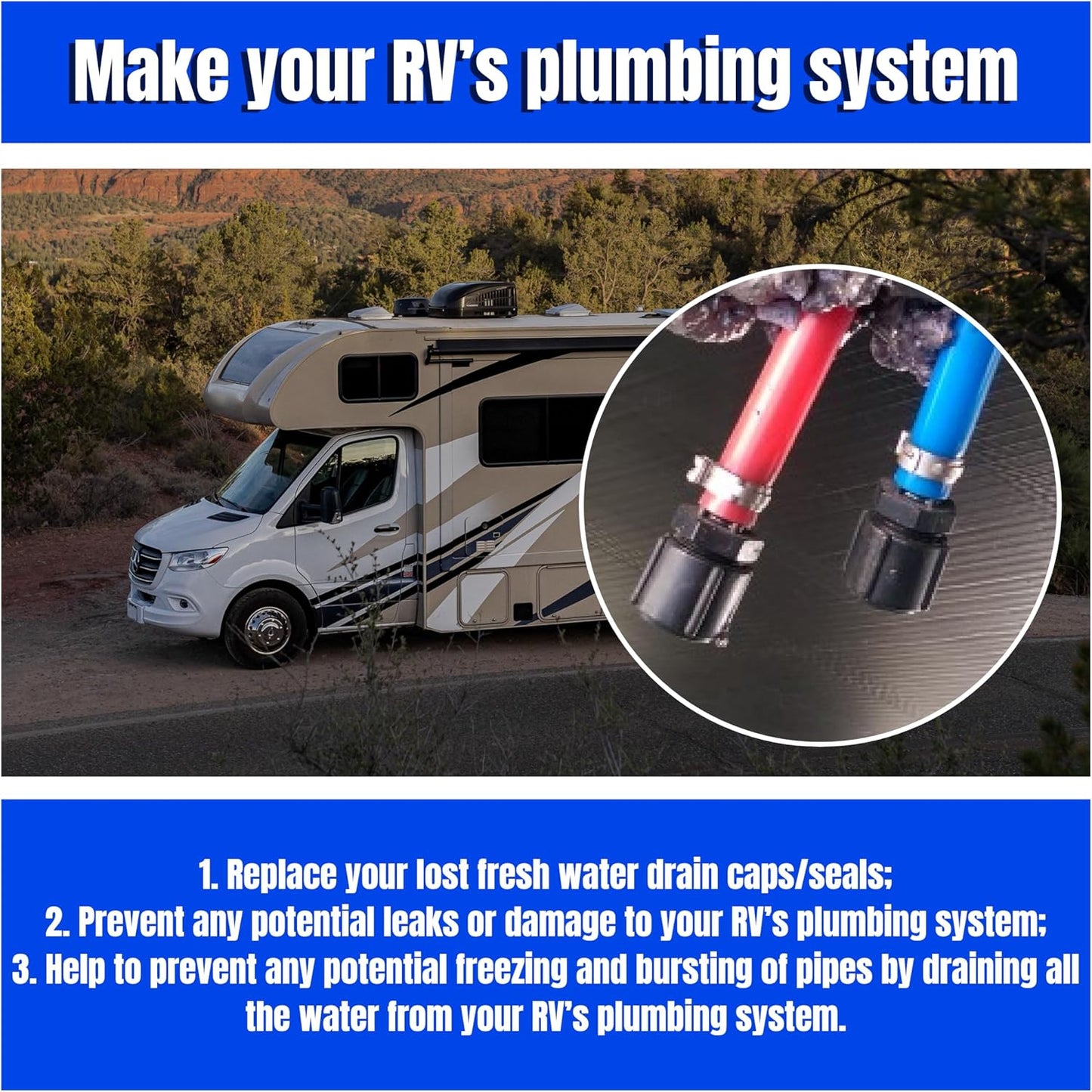 Low Point Drain Caps and Seals for RVs Campers Trailers 1/2 Inch RV Hot and Cold Water Lines 1/2″ (Set of 2)