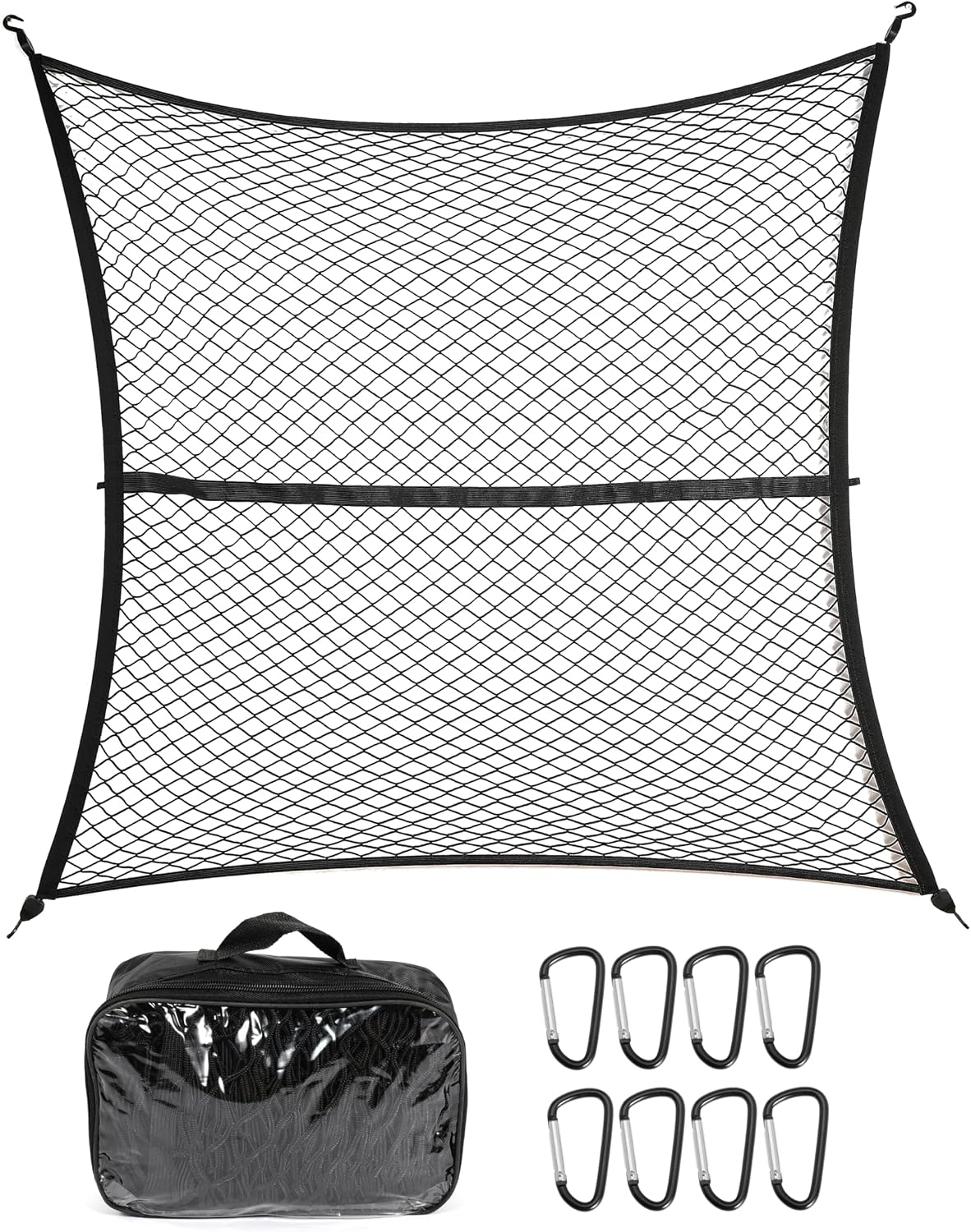 Black Polyester Cargo Net for Truck Bed, 4' x 6' to 10' x 15', Carabiner and Buckle Fasteners