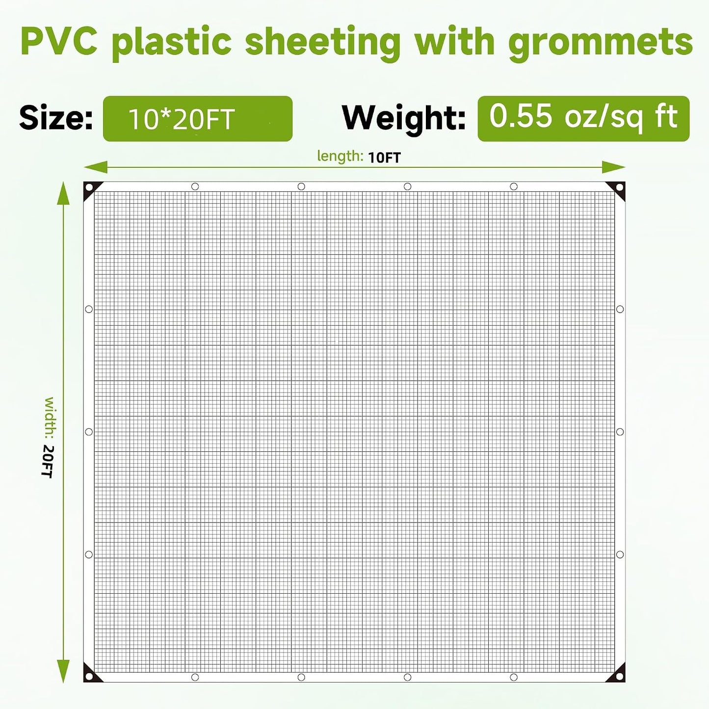 Greenhouse Cover,Clear Greenhouse Plastic Covering, 16Mil Thickness Heavy Duty Clear tarp for Chicken coop,Gardening,Farming, Greenhouse Plastic sheeting with Grommets (White, 10ft*20ft)