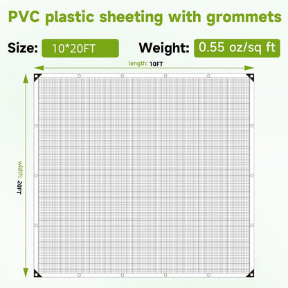 Greenhouse Cover,Clear Greenhouse Plastic Covering, 16Mil Thickness Heavy Duty Clear tarp for Chicken coop,Gardening,Farming, Greenhouse Plastic sheeting with Grommets (White, 10ft*20ft)