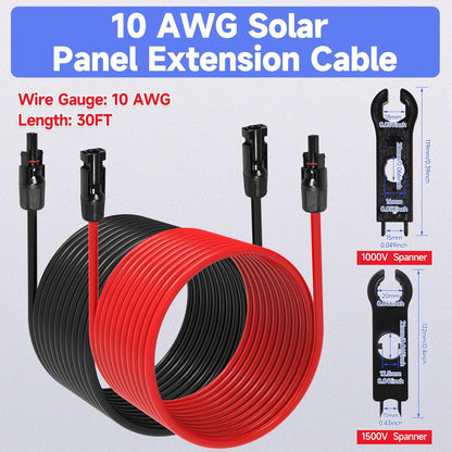 30FT 10 AWG Solar Panel Extension Cable, 10AWG Solar Extension Cables, PV Cable 10 Gauge PV Wire 30 FT 30 Feet Male to Female Solar Panel Wires with Solar Spanner Wrenches and Dust Caps