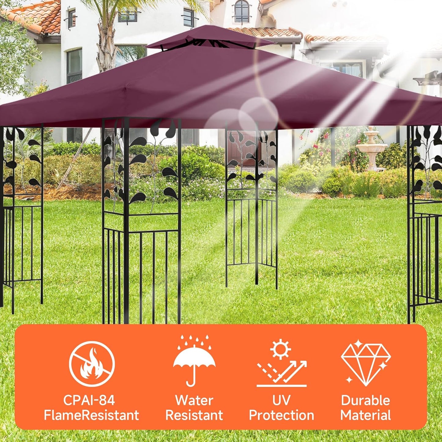 Gazebo Canopy Replacement -Grill Gazebo Replacement Roof -Gazebos on Clearance Outdoor Shelter Top Double Tiered Cover, 10x10 FT (Claret)