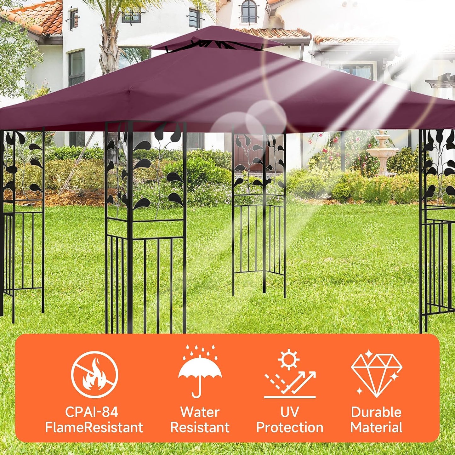 Gazebo Canopy Replacement -Grill Gazebo Replacement Roof -Gazebos on Clearance Outdoor Shelter Top Double Tiered Cover, 10x10 FT (Claret)