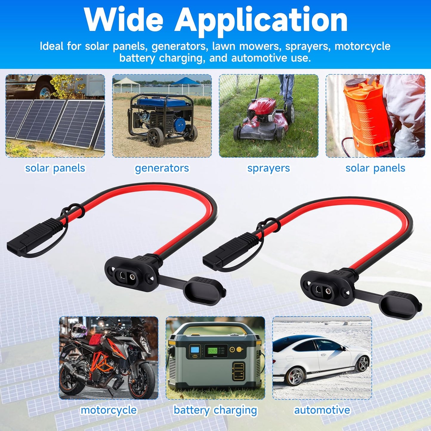 2FT 10AWG SAE Quick Connector Harness, 10 AWG 10 Gauge SAE Power Socket Sidewall Port Connector Male to Female Socket Cable with Dust Cover for Solar Panel, Generator, Battery Charger (10AWG 2FT)