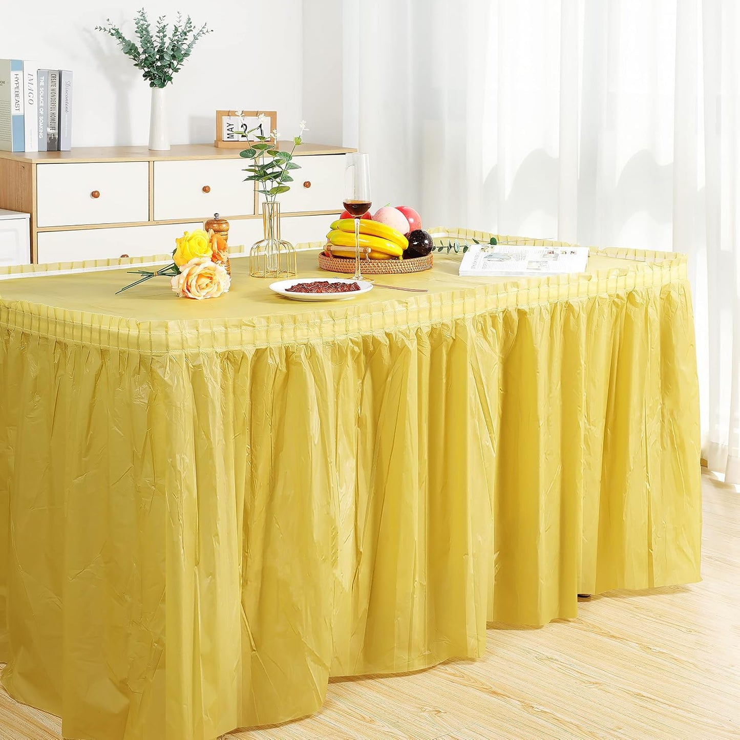 frtzal 5 Pack Plastic Table Skirts for Rectangle Tables with 5 Pack Table Cloths, 14 Ft Blue Tableskirts and 54" x 108" Tablecloths, Disposable Tablecloth Skirt Table Covers for Party Birthday (Gold)
