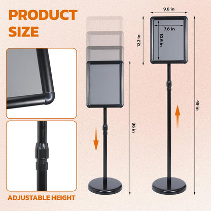 Adjustable Pedestal Floor Standing Sign Holder for 8.5*11 inch 360° Rotation Snap-Open Frame Display Outdoor Indoor Poster or Chalk Board Display for School Restaurant Business Mall Advertising 2PC