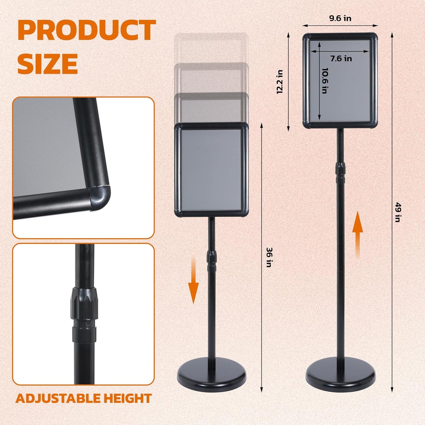 Adjustable Pedestal Floor Standing Sign Holder for 8.5*11 inch 360° Rotation Snap-Open Frame Display Outdoor Indoor Poster or Chalk Board Display for School Restaurant Business Mall Advertising 1PC