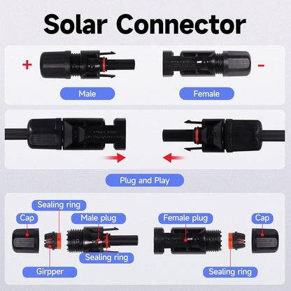 10FT / 20FT / 30FT Wire 10AWG Solar Panel Extension Cable Connectors Black Red