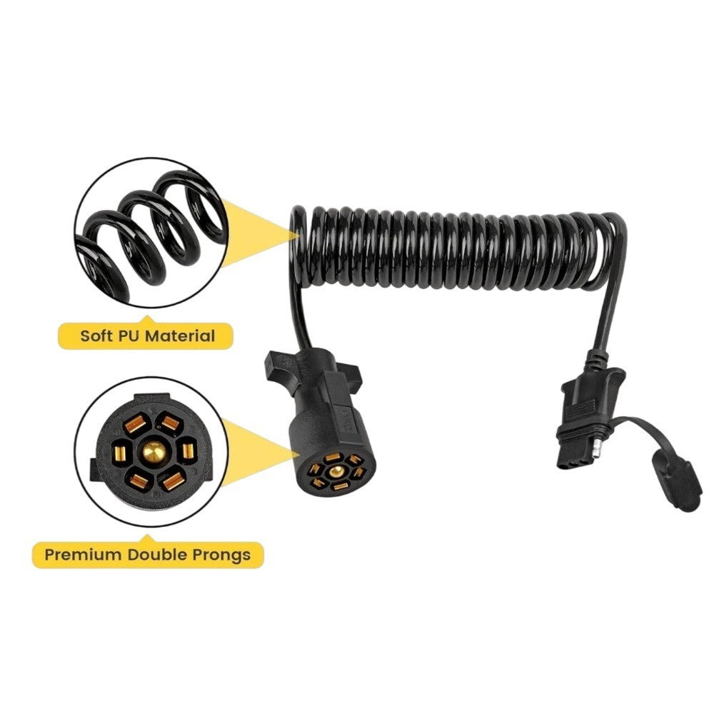 7 Way Round to 4 Way Flat Coiled Trailer Adapter, 10.5FT Extension Cable