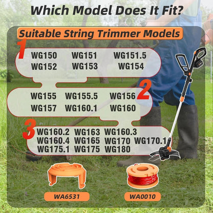 Trimmer Spools for Worx Weed Eater, 15 Trimmer Spools+3 Spool Caps, 150ft,0.065"