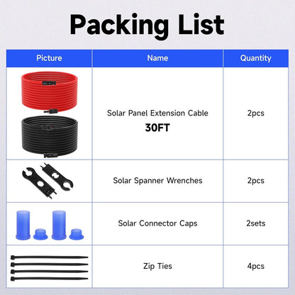 10FT / 20FT / 30FT Wire 10AWG Solar Panel Extension Cable Connectors Black Red