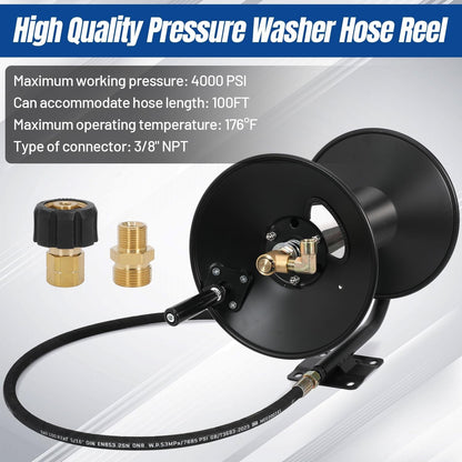 4000 PSI 150FT Heavy-Duty Steel Pressure Washer Reel, 3/8" NPT w/ Hand Crank