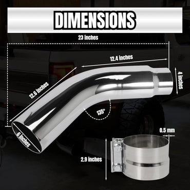 4'' Diesel Exhaust Tips 4'' Inlet 6'' Outlet, 23" Long Chrome Exhaust Pipe Elbow