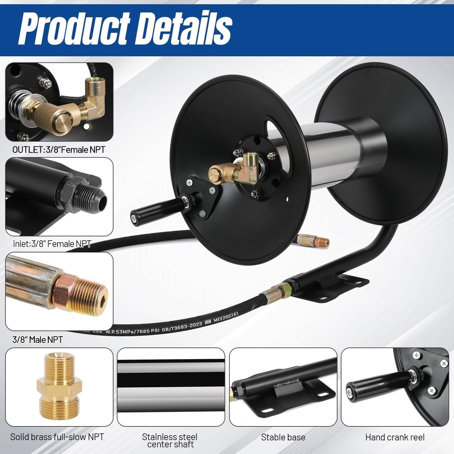 4000 PSI 150FT Heavy-Duty Steel Pressure Washer Reel, 3/8" NPT w/ Hand Crank