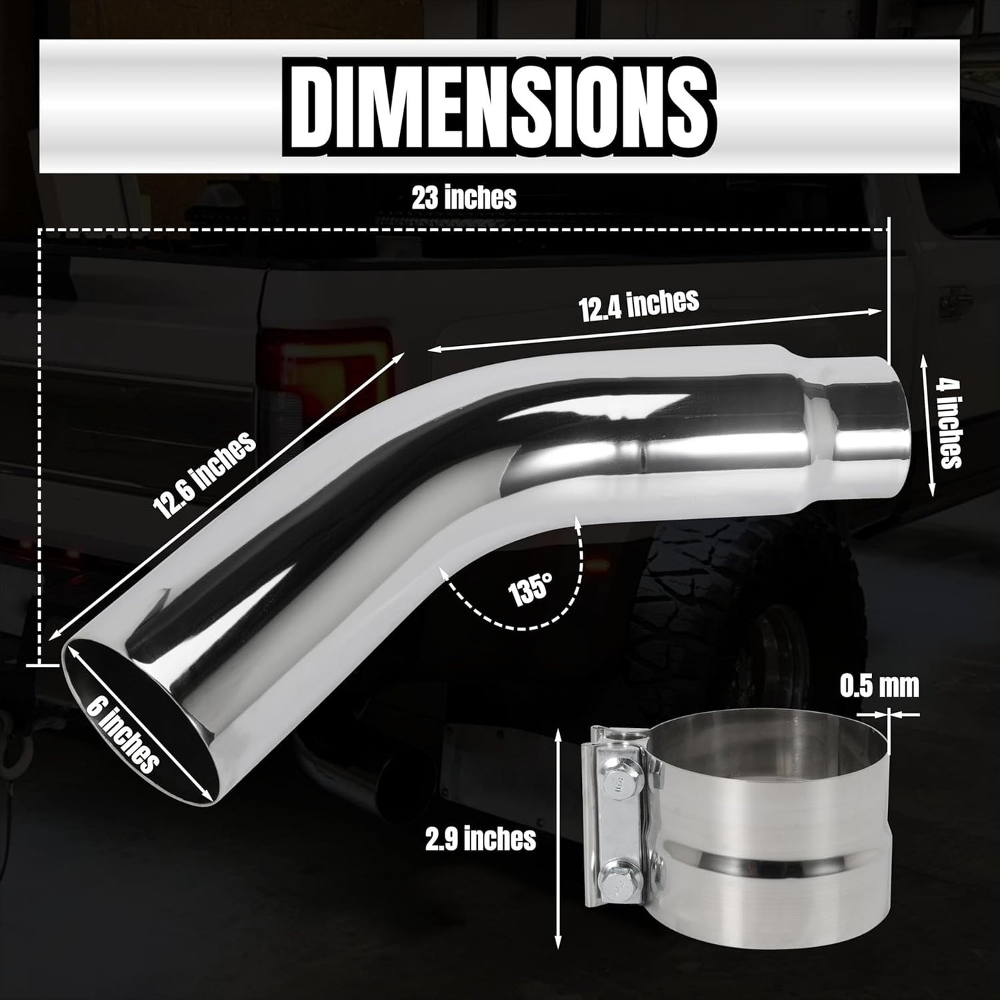 4" to 5" Diesel Exhaust Elbow, Chrome, 23" Length, For Heavy Duty Vehicles