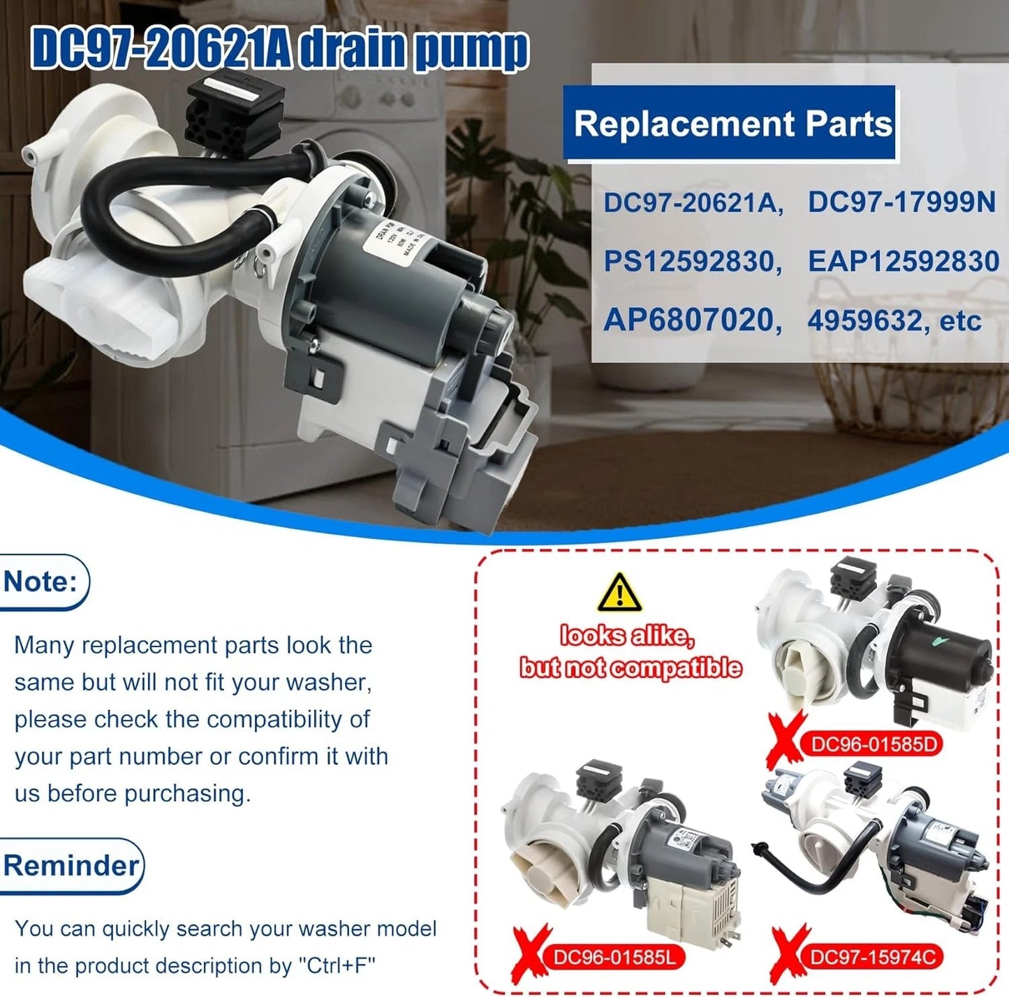 DC97-20621A Drain Pump Assembly For Samsung washer Replace DC31-00187A AP6807020