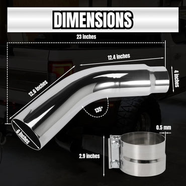 4'' Diesel Exhaust Tips 4'' Inlet 6'' Outlet, 23" Long Chrome Exhaust Pipe Elbow