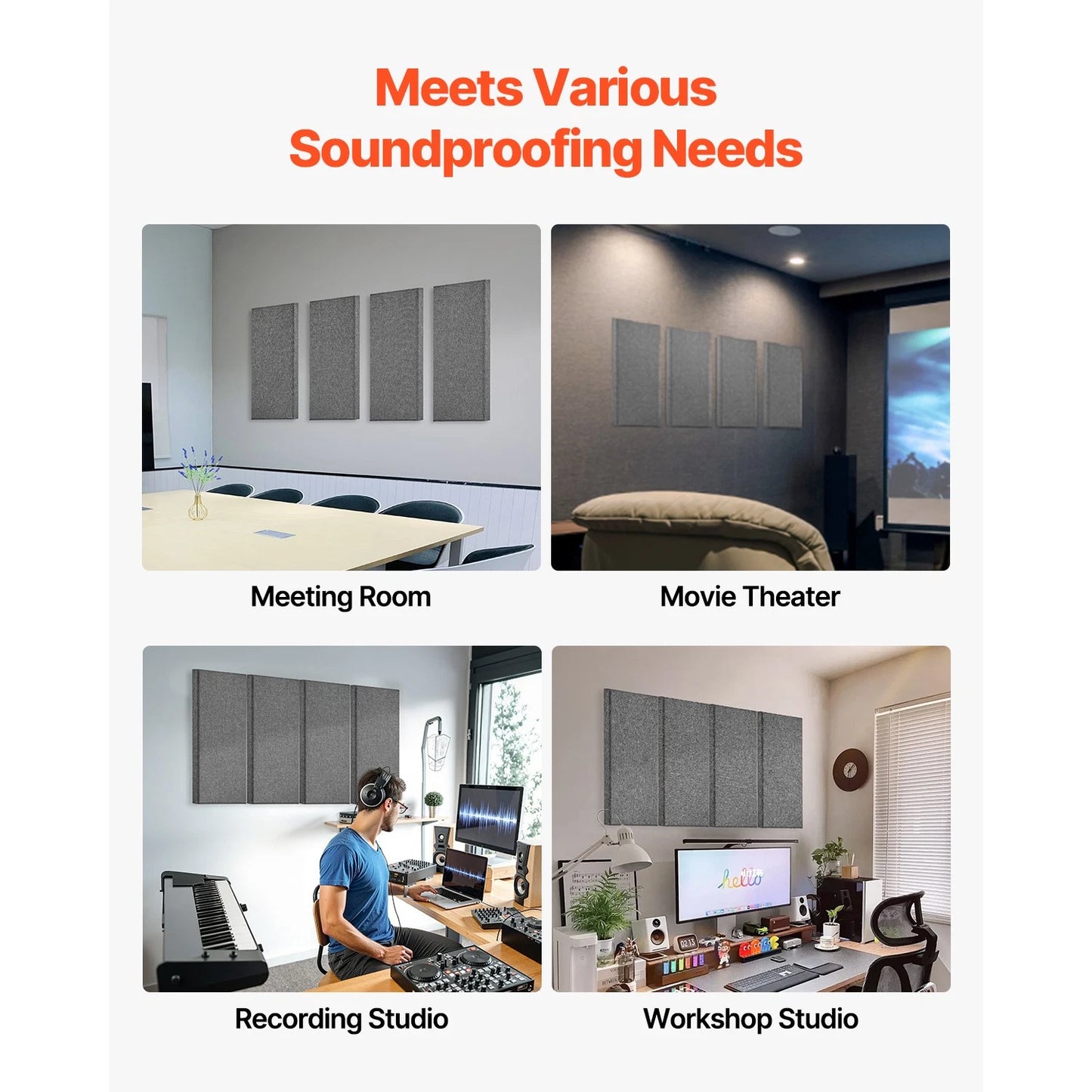 4 PCS Acoustic Wall Panels 23.6 x 11.8 x 2 IN Self-Adhesive Gray