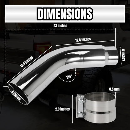 Diesel Exhaust Tips , 4" Inlet to 6" Outlet, 23" Long Chrome Exhaust Pipe Elbow