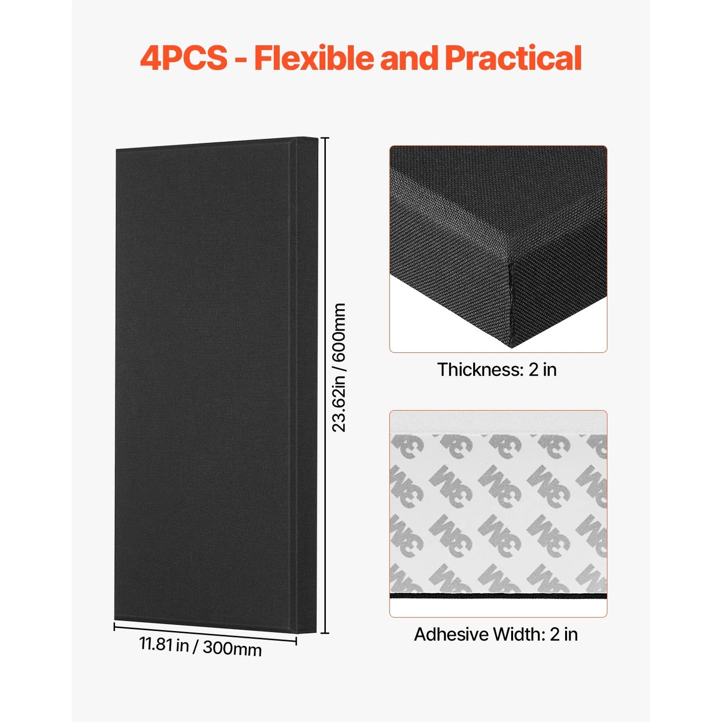 4 PCS Acoustic Wall Panels 23.6 x 11.8 x 2 IN Self-Adhesive Black