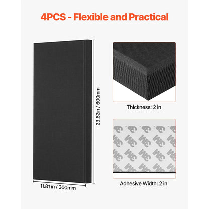 4 PCS Acoustic Wall Panels 23.6 x 11.8 x 2 IN Self-Adhesive Black
