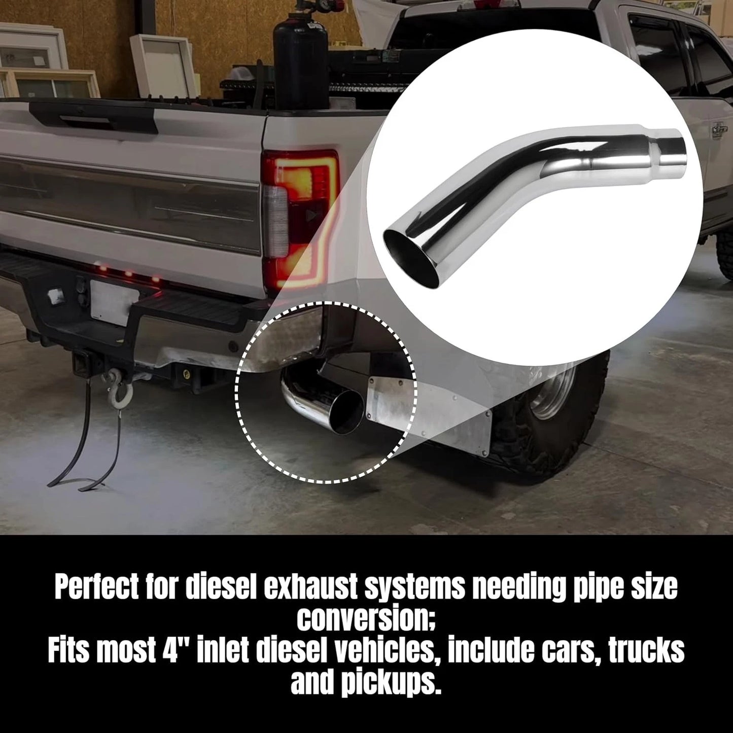 4'' Diesel Exhaust Tips 4'' Inlet 6'' Outlet, 23" Long Chrome Exhaust Pipe Elbow