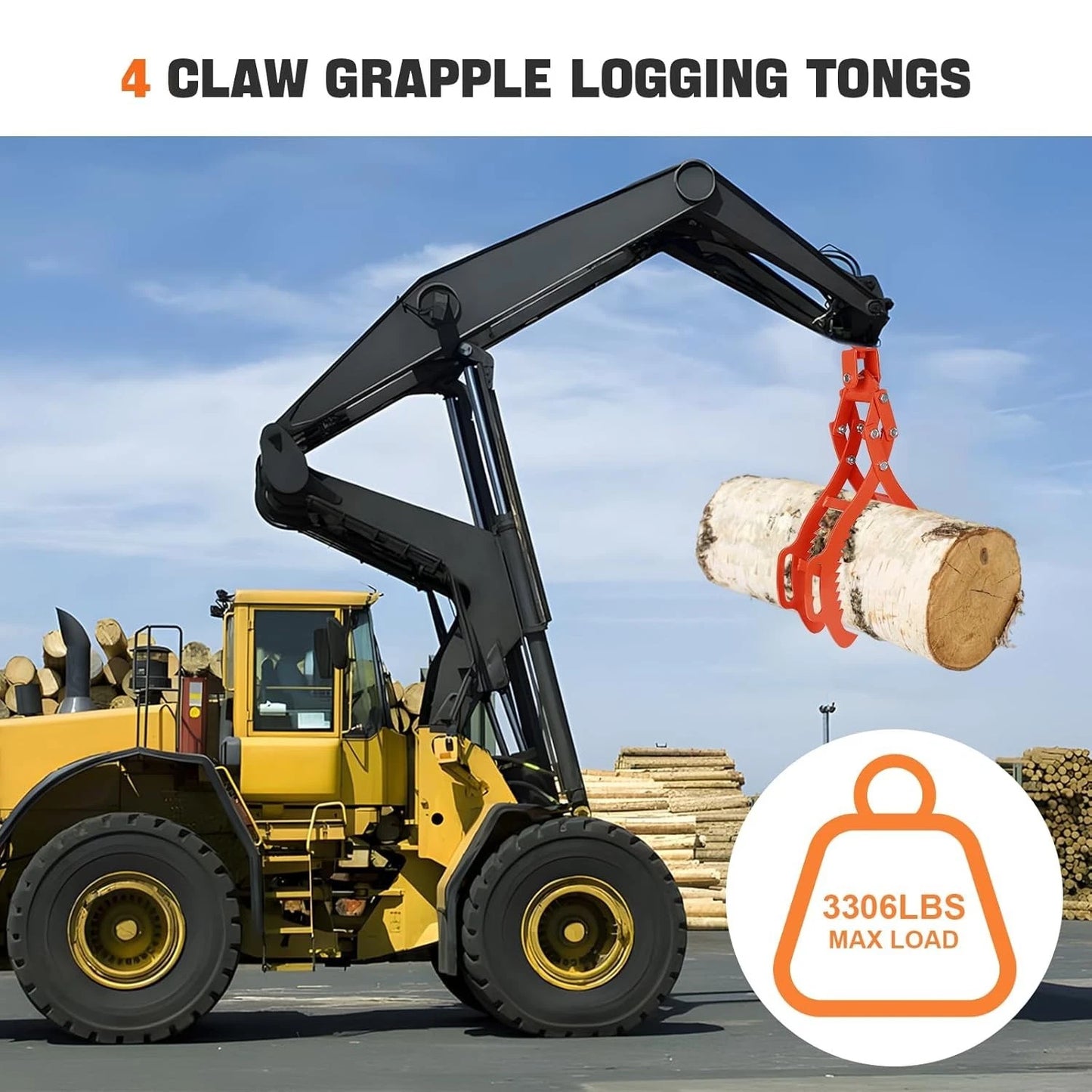 32" Logging Tongs, 3306lbs Capacity Heavy-Duty Grip for Tractors,4 Claw