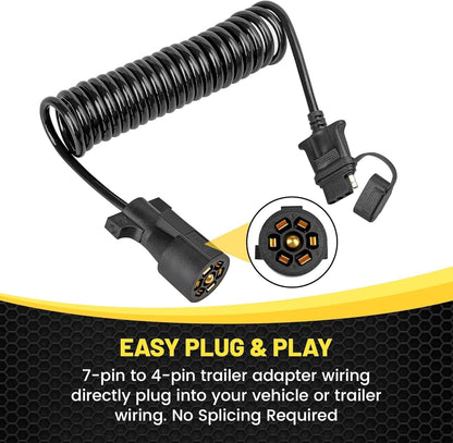 7 Way Round to 4 Way Flat Coiled Trailer Adapter, 10.5FT Extension Cable