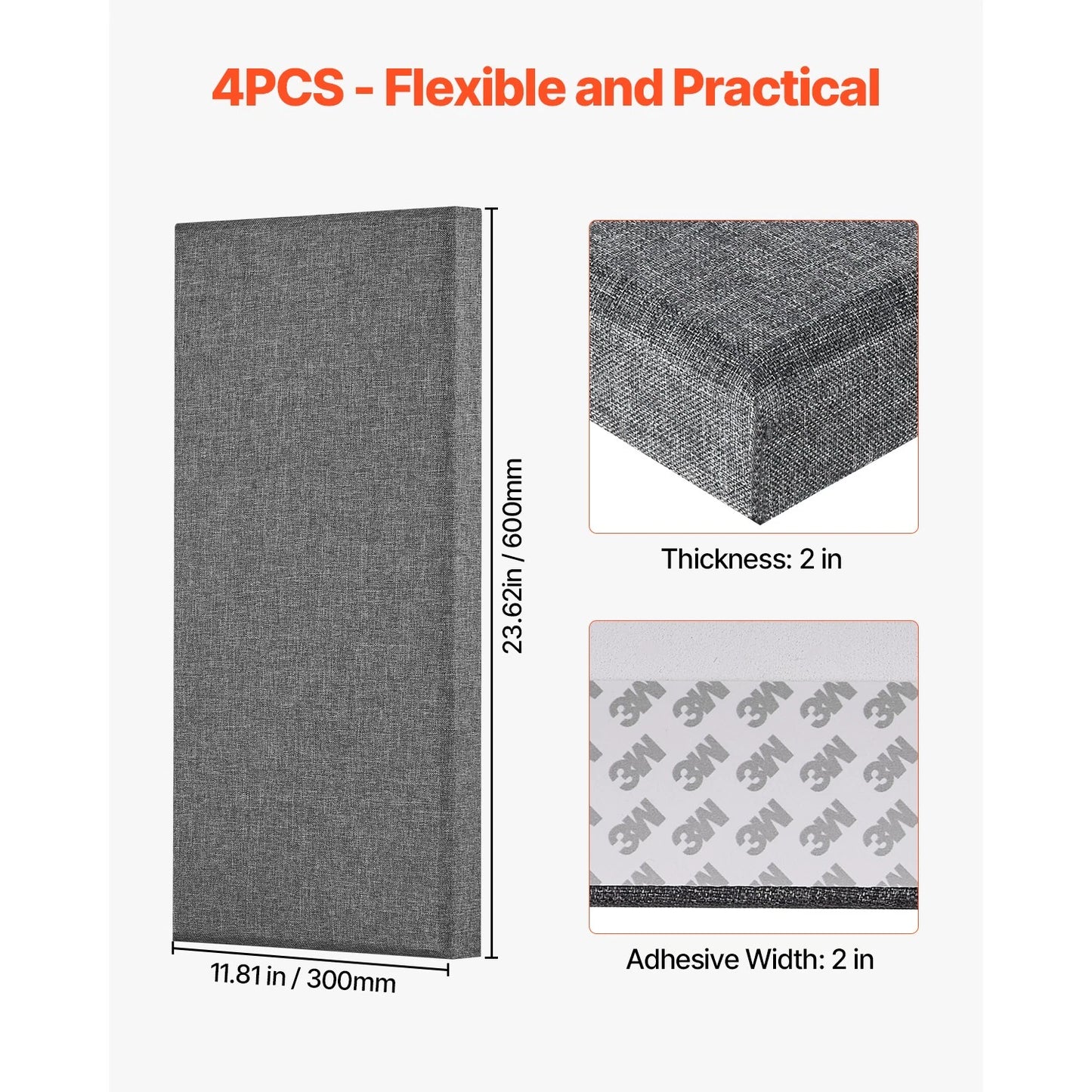 4 PCS Acoustic Wall Panels 23.6 x 11.8 x 2 IN Self-Adhesive Gray
