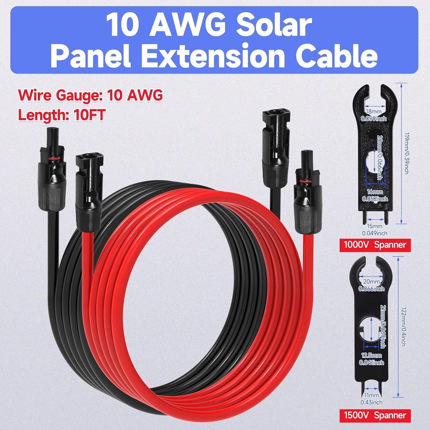 10FT / 20FT / 30FT Wire 10AWG Solar Panel Extension Cable Connectors Black Red