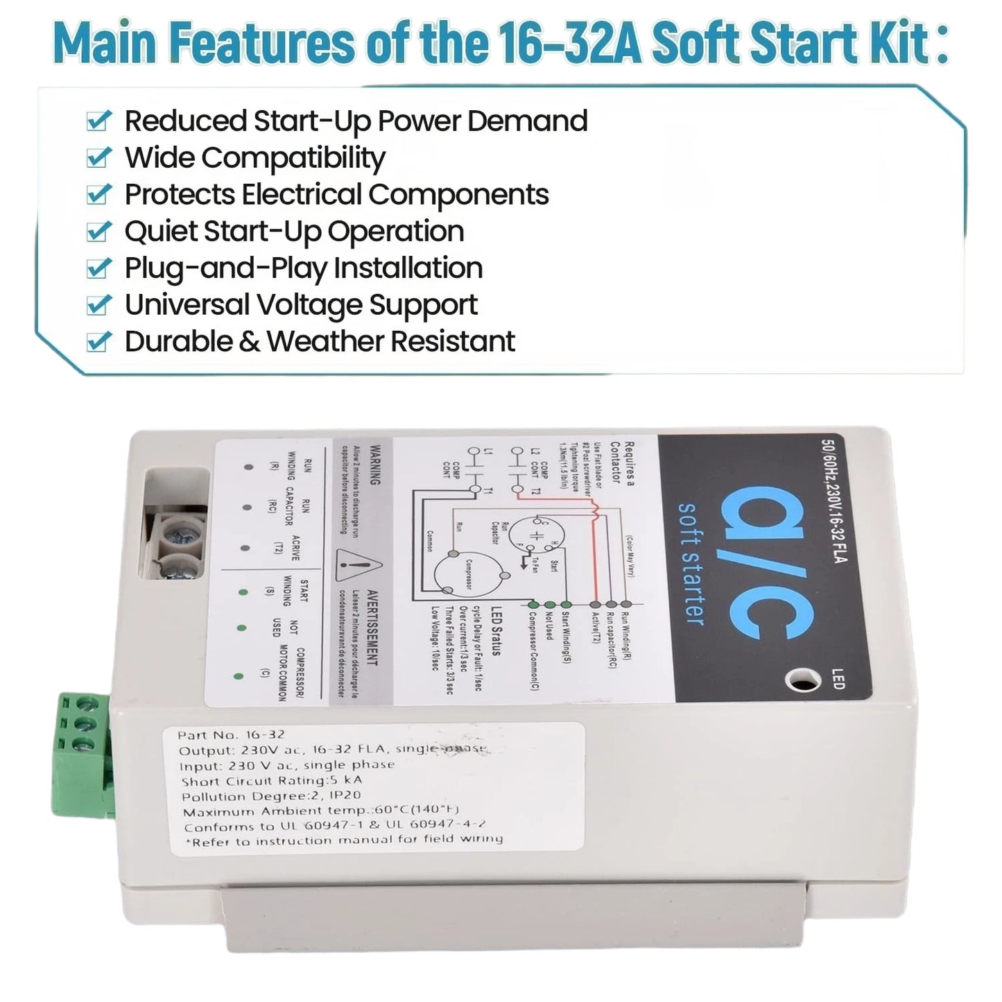 16-32A Air Conditioner Soft Start Kit for 4-7 Ton HVAC Air Conditioners for Home