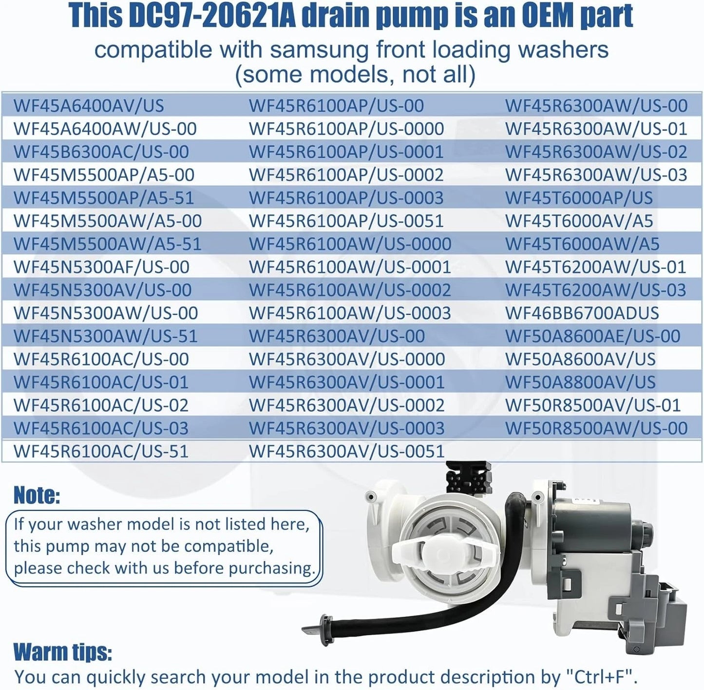 DC97-20621A Drain Pump Assembly For Samsung washer Replace DC31-00187A AP6807020